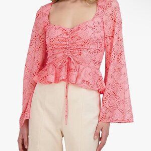 BCBG Generation peplum blouse shirt top heart pink ruched bell sleeve new Small